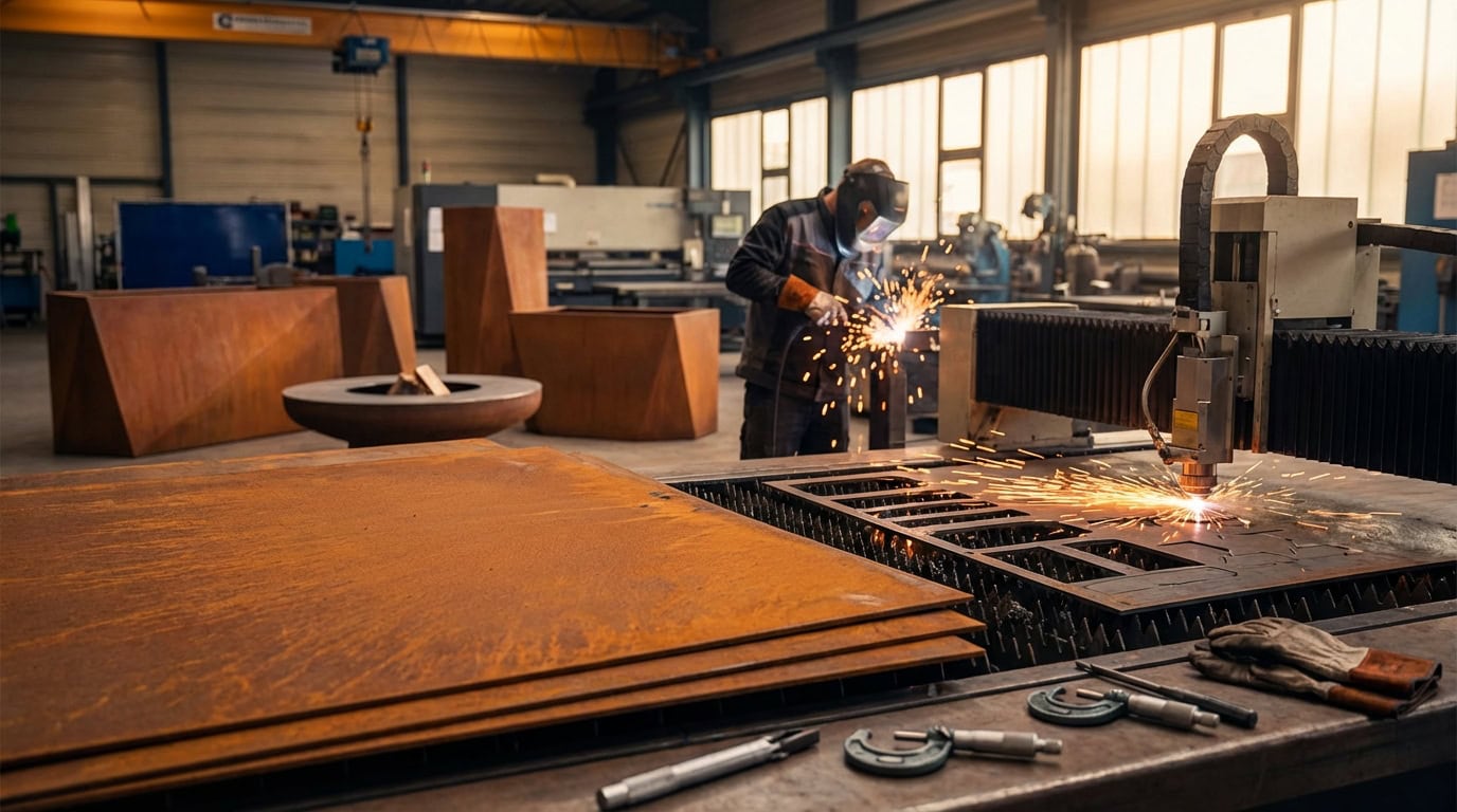 Pracovník svařuje na zakázku z cortenové oceli v kovárně. Vysoce kvalitní zakázková kovovýroba z cortenu.