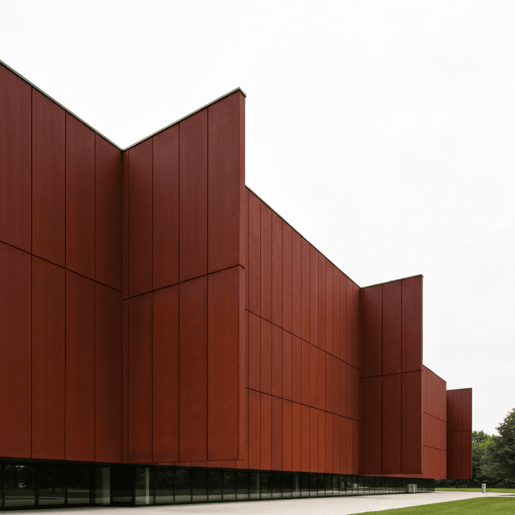 Modernistická fasáda budovy s velkými panely z COR-TEN oceli s hlubokou červenohnědou patinou, čistými liniemi a monumentálním vzhledem v přírodním prostředí.
