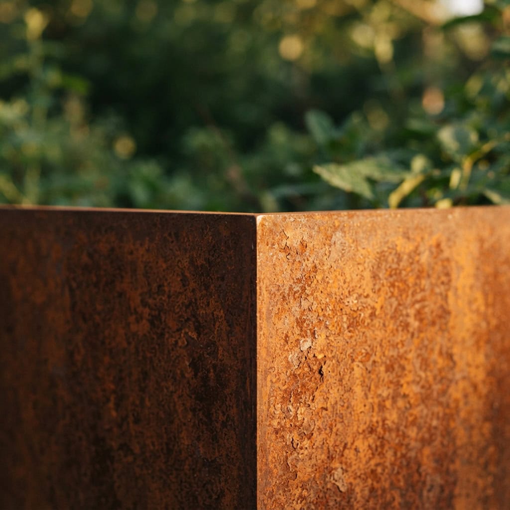 Detail povrchu oceli Corten s charakteristickou rezavou patinou, vhodná pro venkovní použití a architektonické projekty.